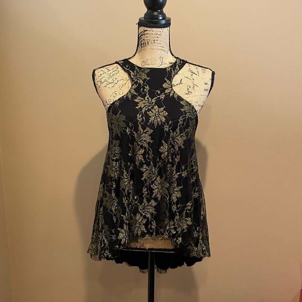 New Free People Black & Gold Lace Halter Top Medium #035